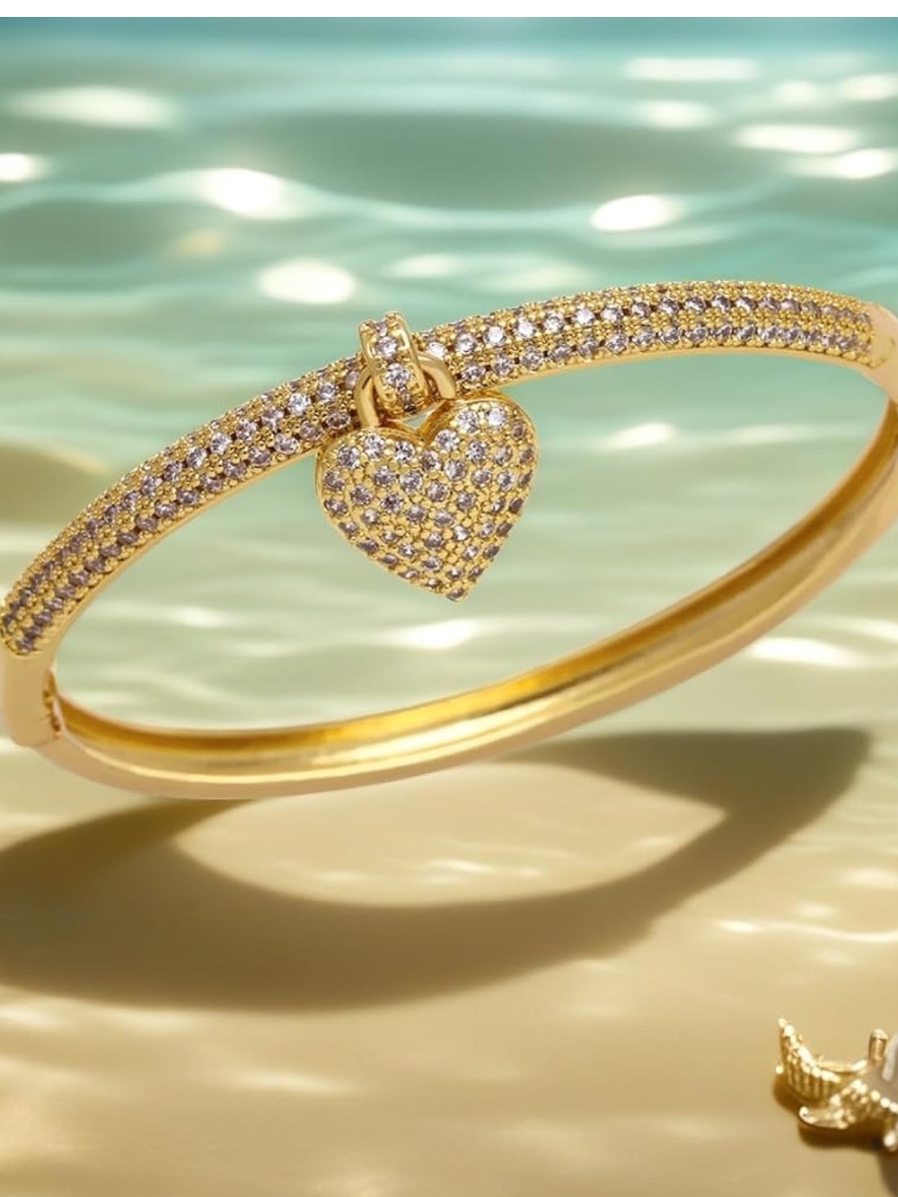 Gold Crystal Heart Charm Bangle Bracelet | Luxury Inspired - Picture 3 of 5